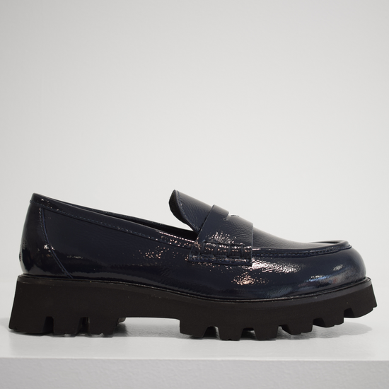 Navy patent leather loafer