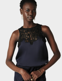 navy silky top with black lace inlay