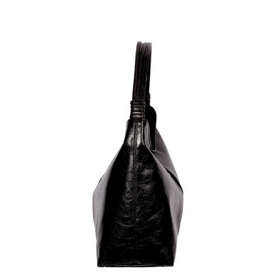 Black leather handbag with sleek knotted top handle.