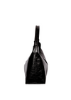 Black leather handbag with sleek knotted top handle.