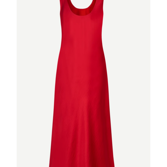 red sleeveless satin dress with round neck and back rear view