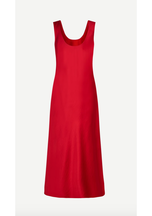 red sleeveless satin dress with round neck and back rear view