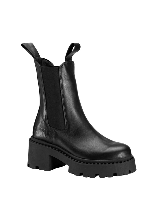 Black leather chunky platform leather chelsea boots with pull on tabs