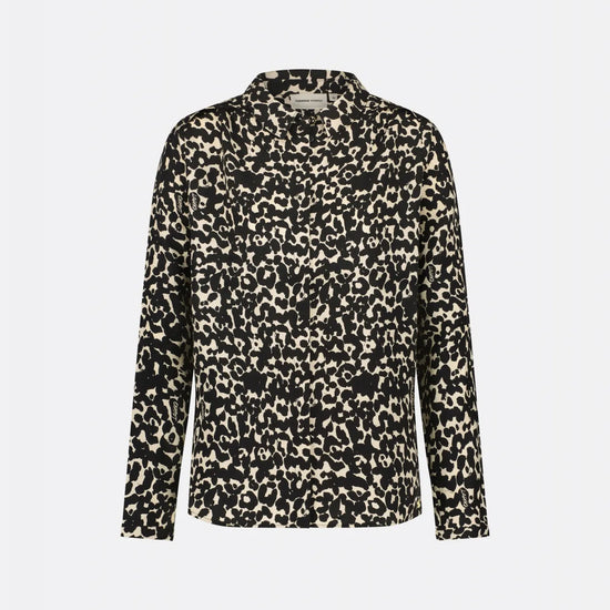 Classic shirt with full length covered placket in a black and ecru animal print