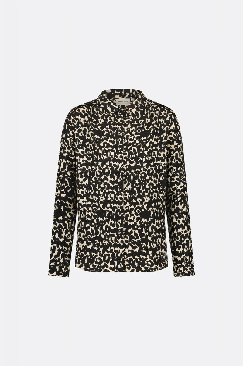 Classic shirt with full length covered placket in a black and ecru animal print