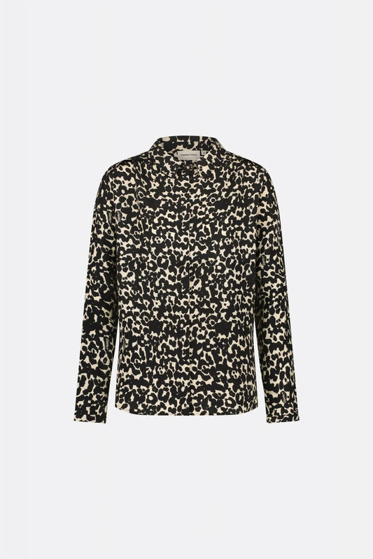 Classic shirt with full length covered placket in a black and ecru animal print