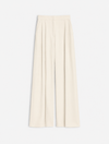 A pair of high-waisted, wide-leg trousers in a warm cream or off-white color, shown flat against a clean white background.