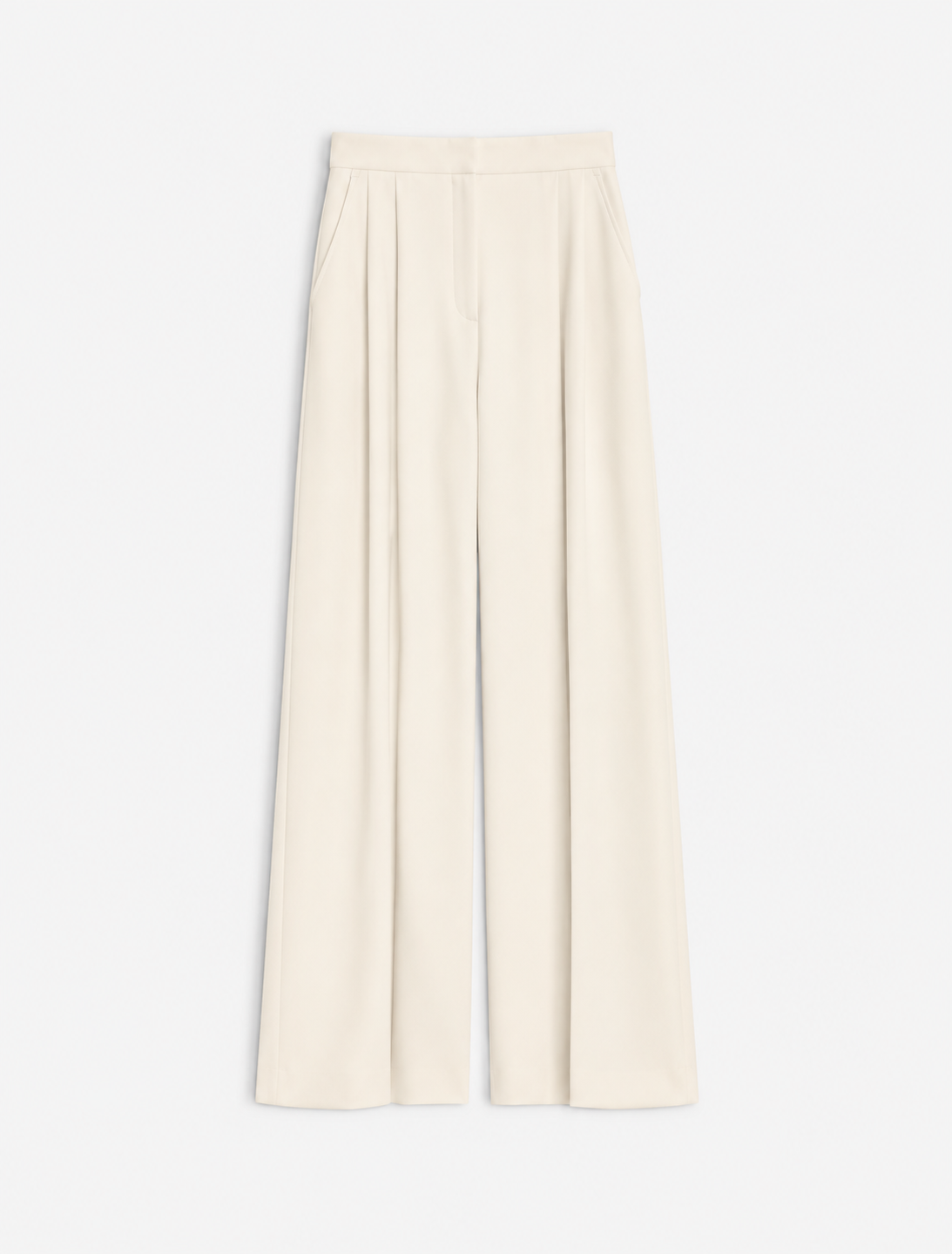 A pair of high-waisted, wide-leg trousers in a warm cream or off-white color, shown flat against a clean white background.