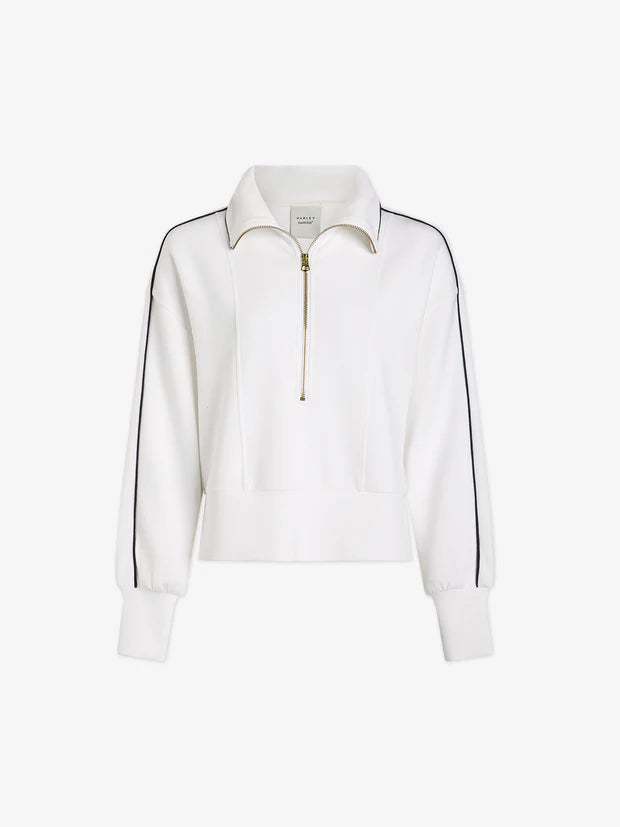 Half zip white sweatshirt with long sleeves and navy piped details