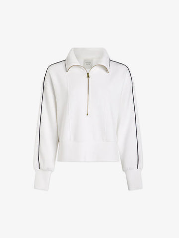 Half zip white sweatshirt with long sleeves and navy piped details