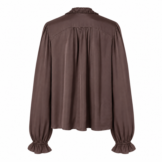 A dark brown long-sleeve blouse with a gathered, pleated back design, ruffled trim at the collar, and ruffled cuffs, shown against a plain white background.