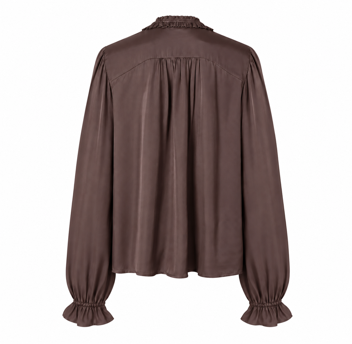 A dark brown long-sleeve blouse with a gathered, pleated back design, ruffled trim at the collar, and ruffled cuffs, shown against a plain white background.