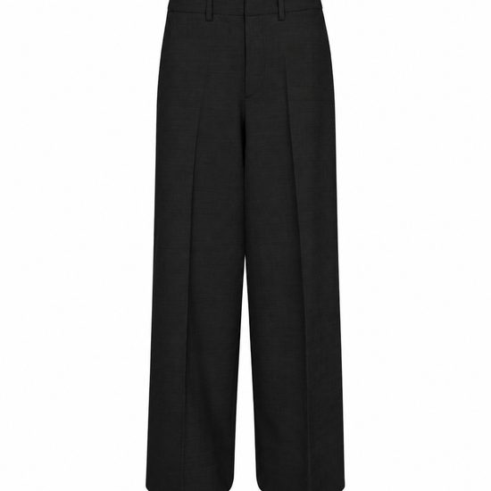 Black wide-leg cropped trousers with front creases, shown flat against a solid white background.