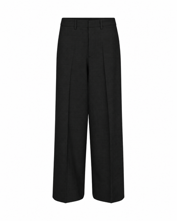 Black wide-leg cropped trousers with front creases, shown flat against a solid white background.