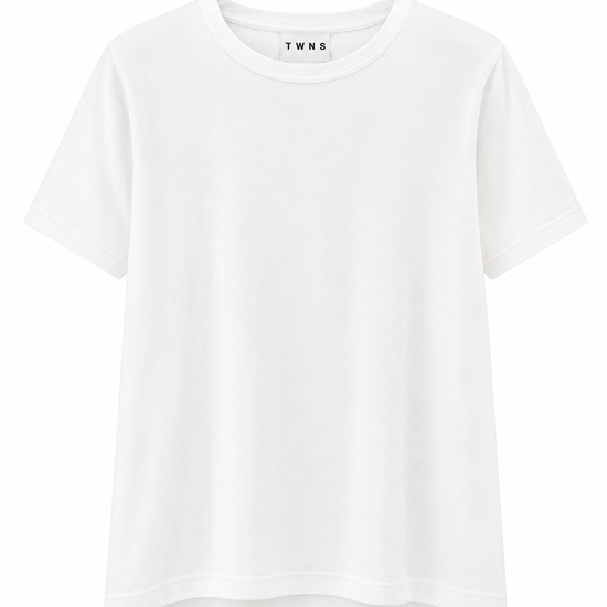 A plain white short-sleeve crewneck t-shirt with a visible 'TWNS' brand label inside the collar, displayed on a clean white background.