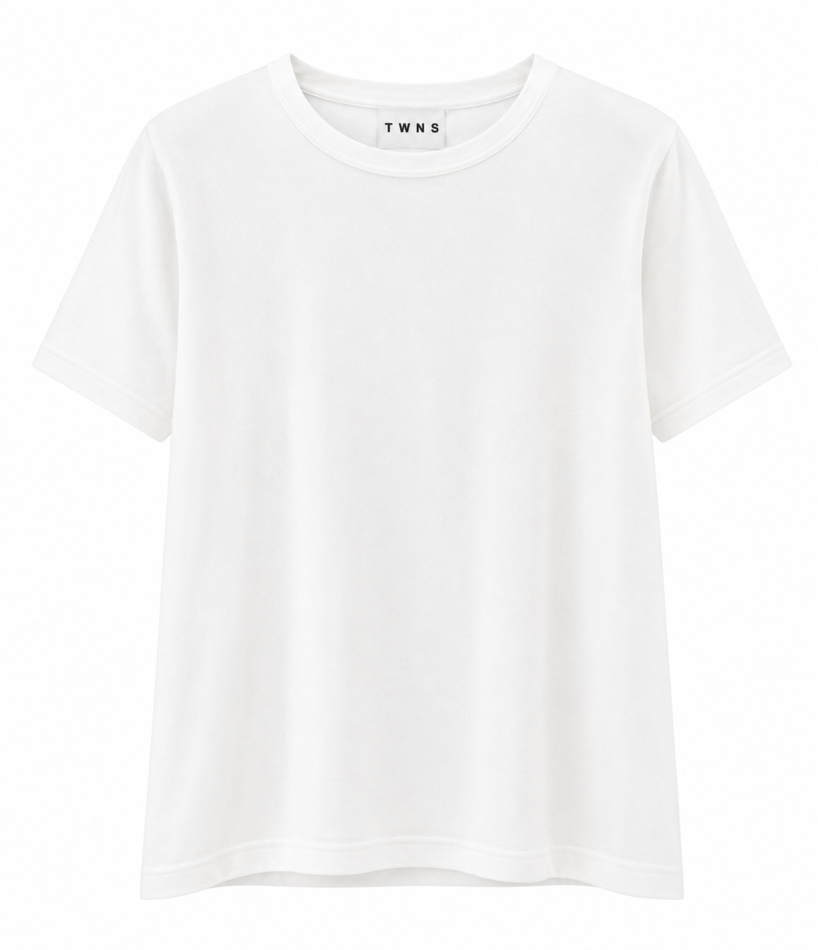 A plain white short-sleeve crewneck t-shirt with a visible 'TWNS' brand label inside the collar, displayed on a clean white background.