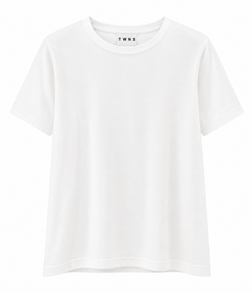 A plain white short-sleeve crewneck t-shirt with a visible 'TWNS' brand label inside the collar, displayed on a clean white background.