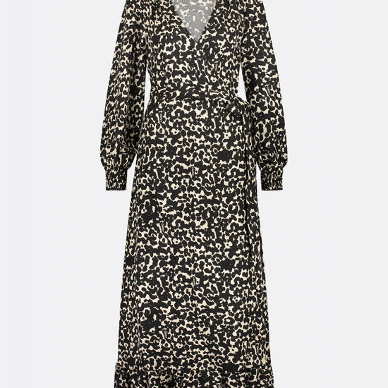 Black and ecru cat print long sleeved wrap dress