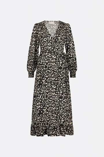 Black and ecru cat print long sleeved wrap dress