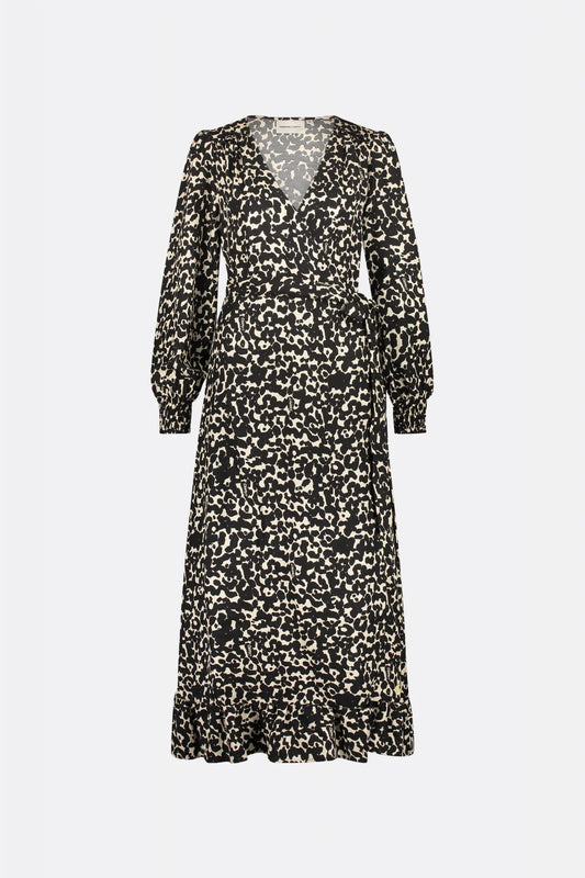 Black and ecru cat print long sleeved wrap dress