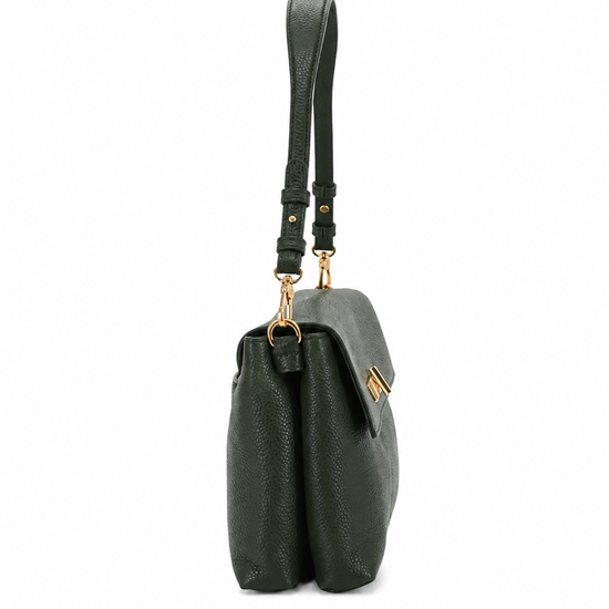 A dark green pebbled leather shoulder bag with a matching adjustable shoulder strap and gold-tone hardware, shown from a side profile on a white background.
