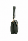 A dark green pebbled leather shoulder bag with a matching adjustable shoulder strap and gold-tone hardware, shown from a side profile on a white background.