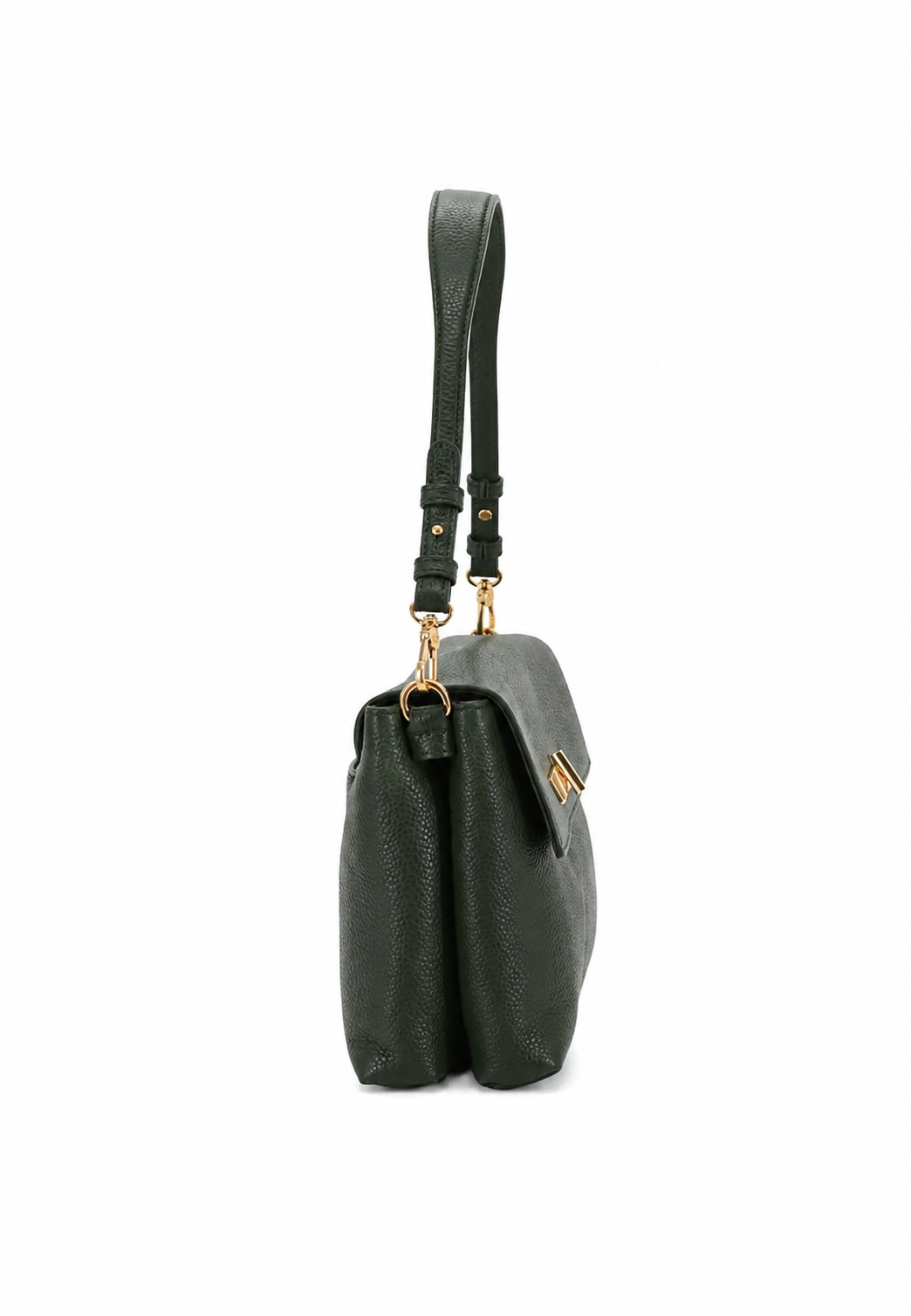 A dark green pebbled leather shoulder bag with a matching adjustable shoulder strap and gold-tone hardware, shown from a side profile on a white background.