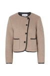 wool cropped jacket with black trim and leather buttons 