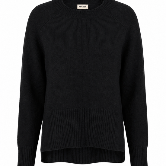 A black long-sleeve knit sweater with raglan sleeves and ribbed trim, shown against a plain white background.