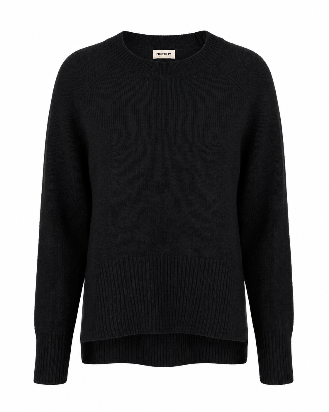 A black long-sleeve knit sweater with raglan sleeves and ribbed trim, shown against a plain white background.