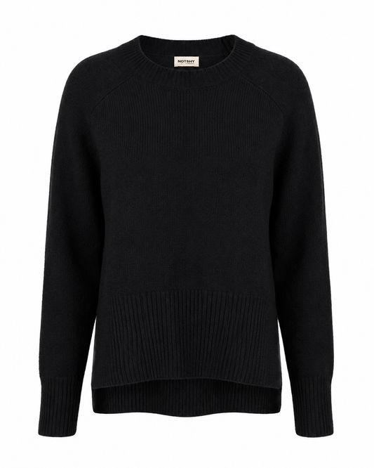 A black long-sleeve knit sweater with raglan sleeves and ribbed trim, shown against a plain white background.