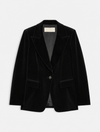 A black velvet blazer jacket with notched lapels and a single button closure, displayed flat against a light gray background.