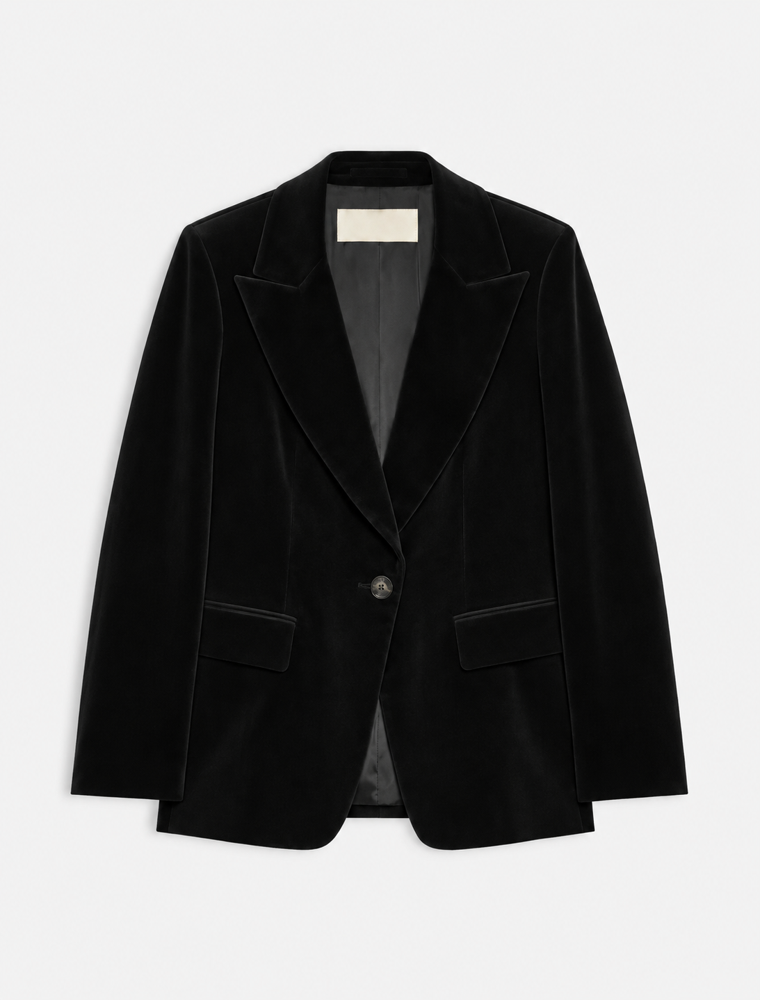 A black velvet blazer jacket with notched lapels and a single button closure, displayed flat against a light gray background.