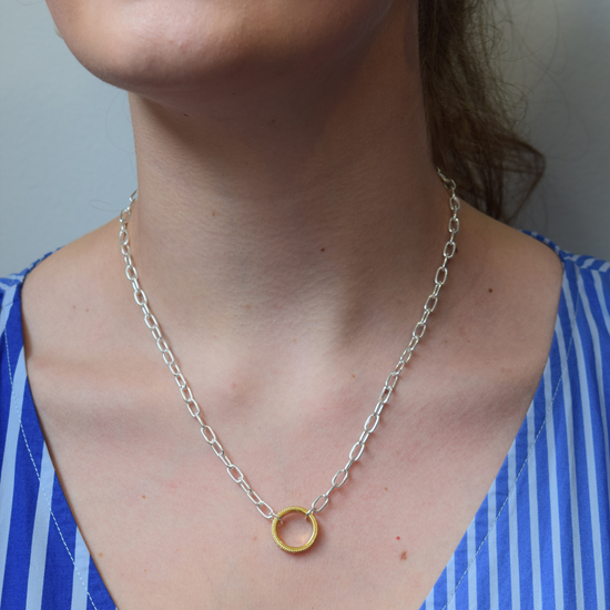 Silver chain necklace with gold hammered circle charm 