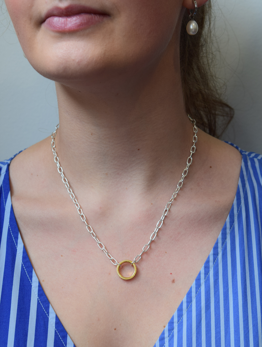 Silver chain necklace with gold hammered circle charm 