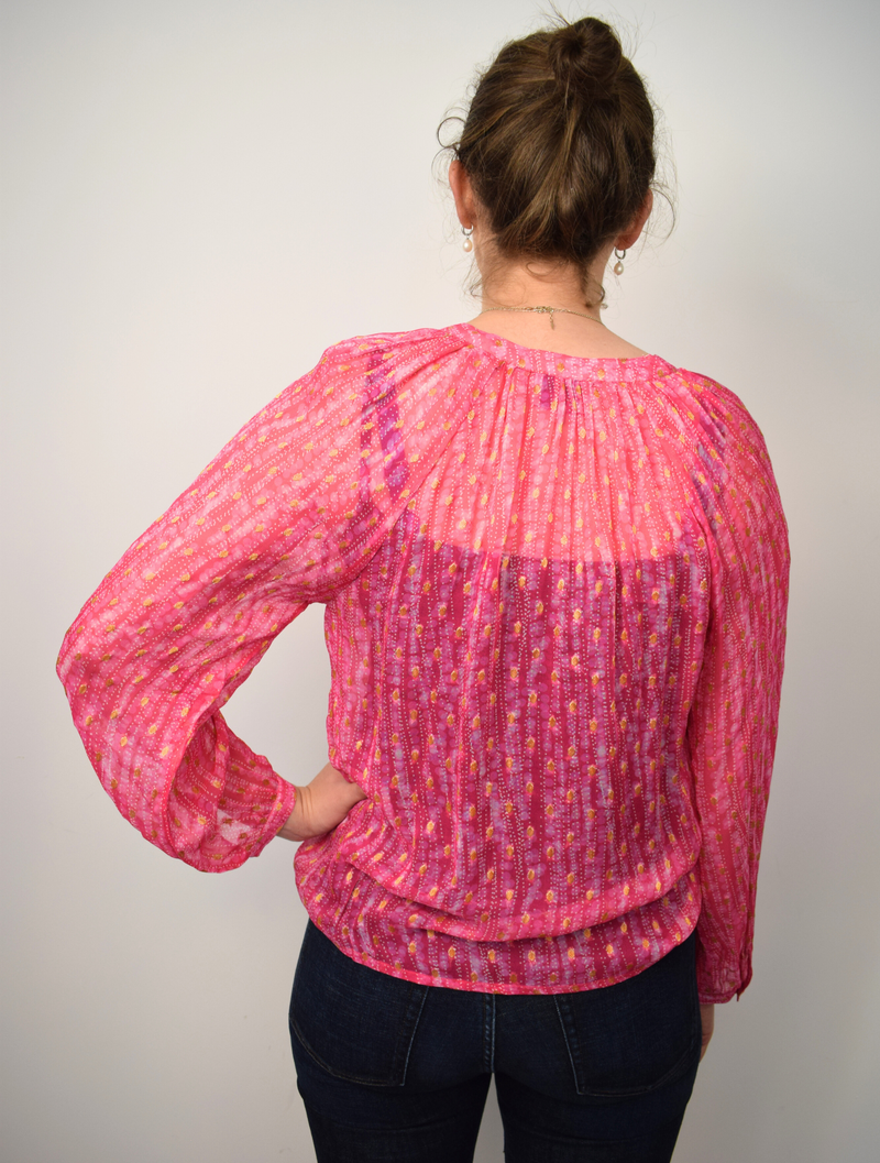 Pink and gold thread sheer top with gold thread