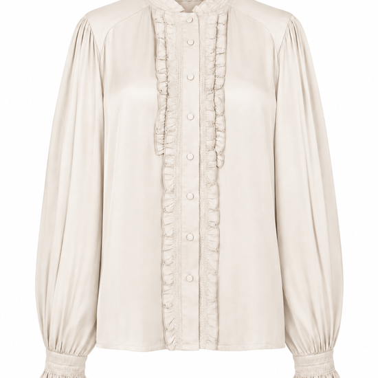 A cream-colored long-sleeve blouse with a high ruffled collar, buttoned front, and matching ruffle trim down the center front, set against a plain white background.