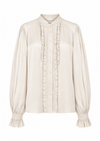 A cream-colored long-sleeve blouse with a high ruffled collar, buttoned front, and matching ruffle trim down the center front, set against a plain white background.