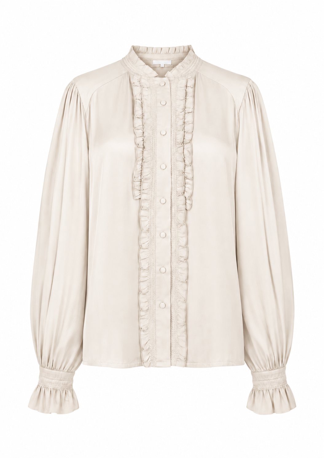 A cream-colored long-sleeve blouse with a high ruffled collar, buttoned front, and matching ruffle trim down the center front, set against a plain white background.