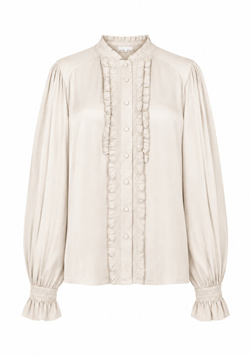 A cream-colored long-sleeve blouse with a high ruffled collar, buttoned front, and matching ruffle trim down the center front, set against a plain white background.