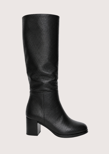 A single black pebbled leather knee-high boot with a block heel, shown in profile against a solid light beige background.