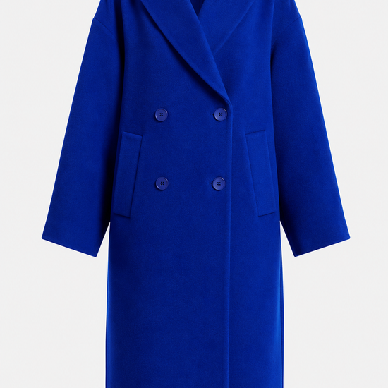 A vibrant royal blue double-breasted coat with notch lapels and dark buttons, shown on a light gray background. The brand label 'ANTWICKER' is visible inside the collar.