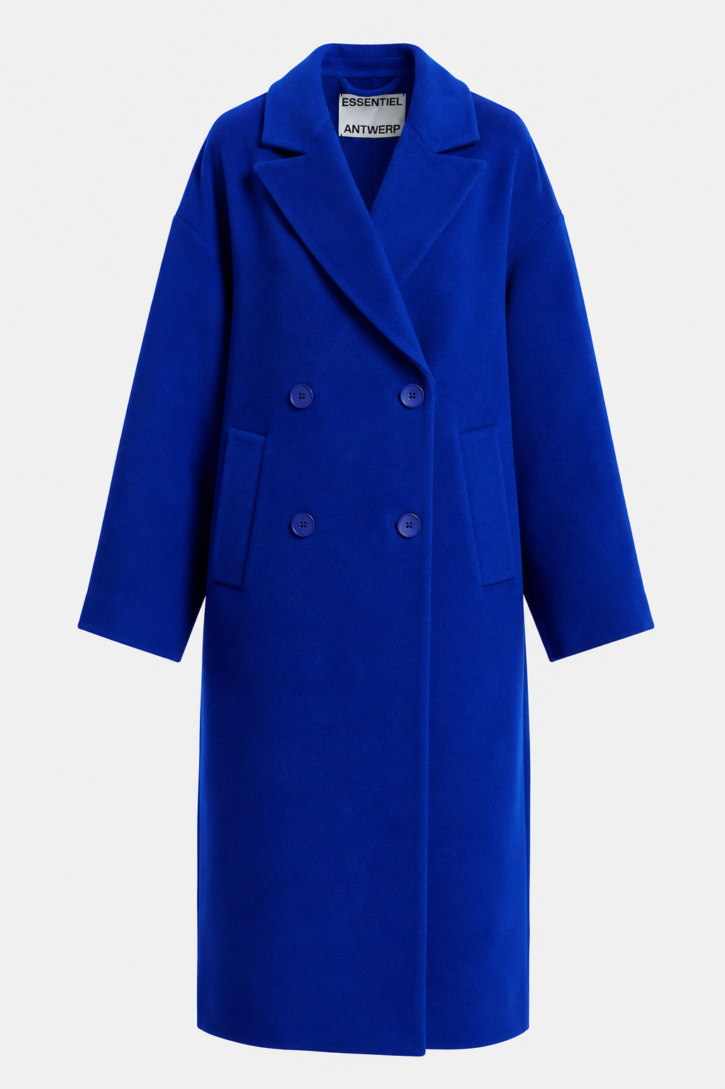 A vibrant royal blue double-breasted coat with notch lapels and dark buttons, shown on a light gray background. The brand label 'ANTWICKER' is visible inside the collar.