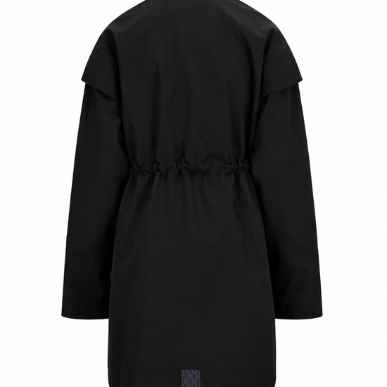 A black long-sleeve utility jacket with a high collar and drawstring waist, shown from the back on a plain white background.