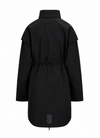 A black long-sleeve utility jacket with a high collar and drawstring waist, shown from the back on a plain white background.