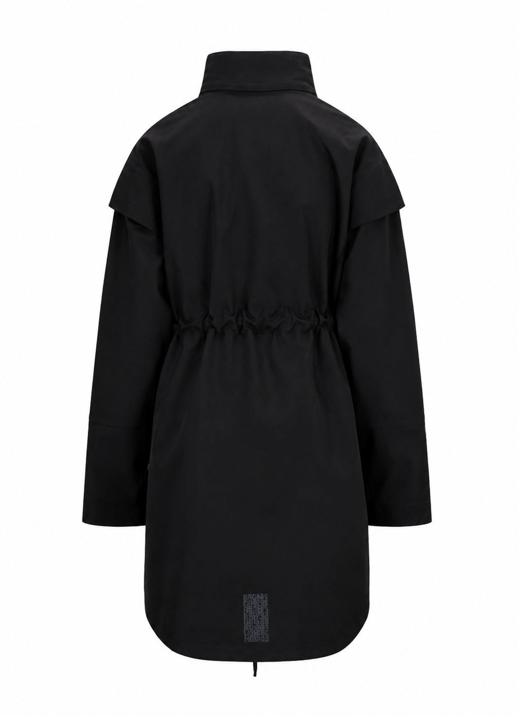 A black long-sleeve utility jacket with a high collar and drawstring waist, shown from the back on a plain white background.