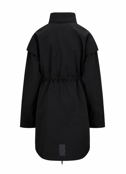 A black long-sleeve utility jacket with a high collar and drawstring waist, shown from the back on a plain white background.