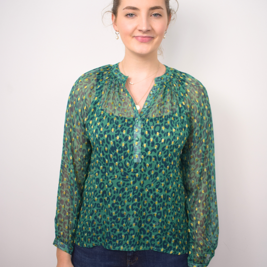 Green and gold thread animal print sheer top with grandad collar and half placket