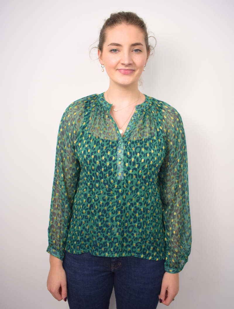 Green and gold thread animal print sheer top with grandad collar and half placket