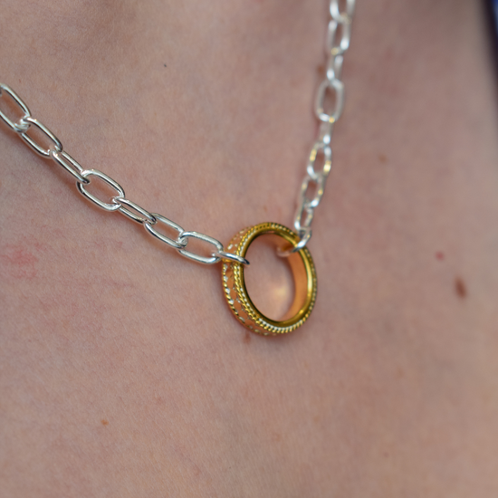 Silver chain necklace with gold hammered circle charm 